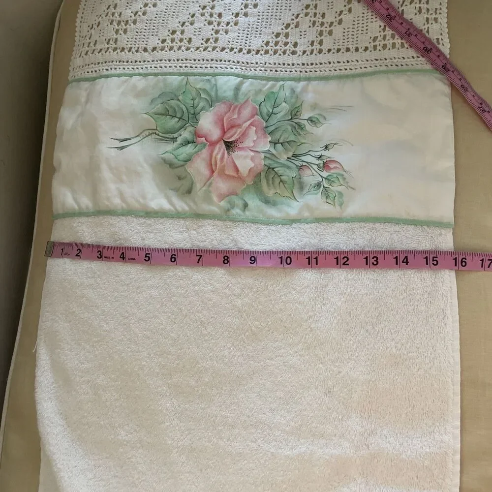Vintage Hand Towel Vintage Painted Handmade Crochet Lace Trim 16”x 36”